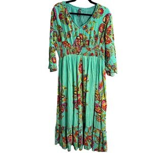 Me 2 Magic Maxi Dress 3X Oversized Green Floral Boho Vacation Resortwear Hippie